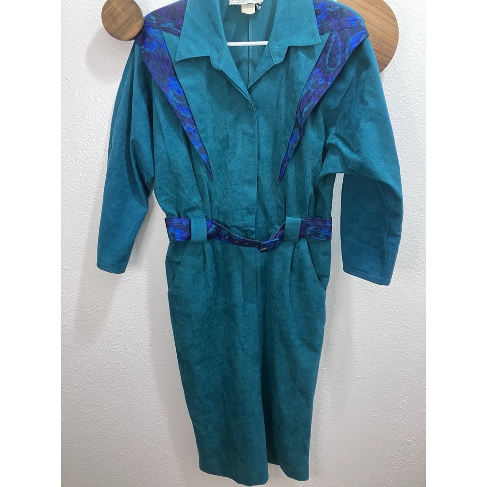 Vintage 80s Teal Faux Suede Sweet Emotions Western Style Coat Dress Size 12